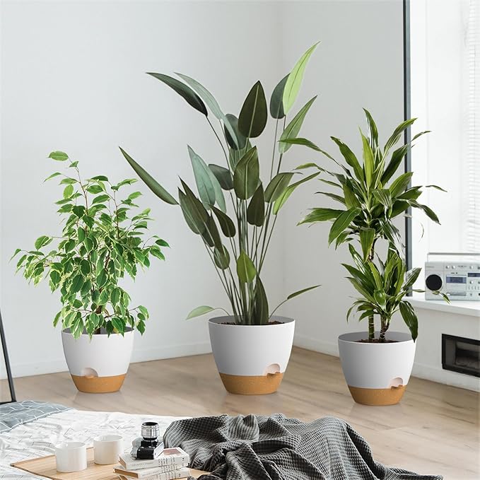 ZMTECH 9/10/12 Inch Plant Pots Sets, Selfwatering Planters with Drainage Holes Saucers for Indoor Outdoor Plants, Plastic Flower Pots for House Kitchen Window Garden(White, 3 Pack)