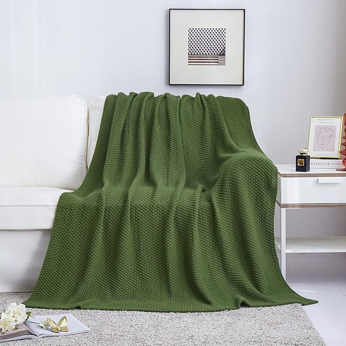 Longhui bedding Olive Green Knitted Throw Blanket for Couch, Soft, Cozy Machine Washable 100% Cotton Sofa Knit Blankets, Heavy 3.0lb Weight, 51 x 63 Inches, Green Color.