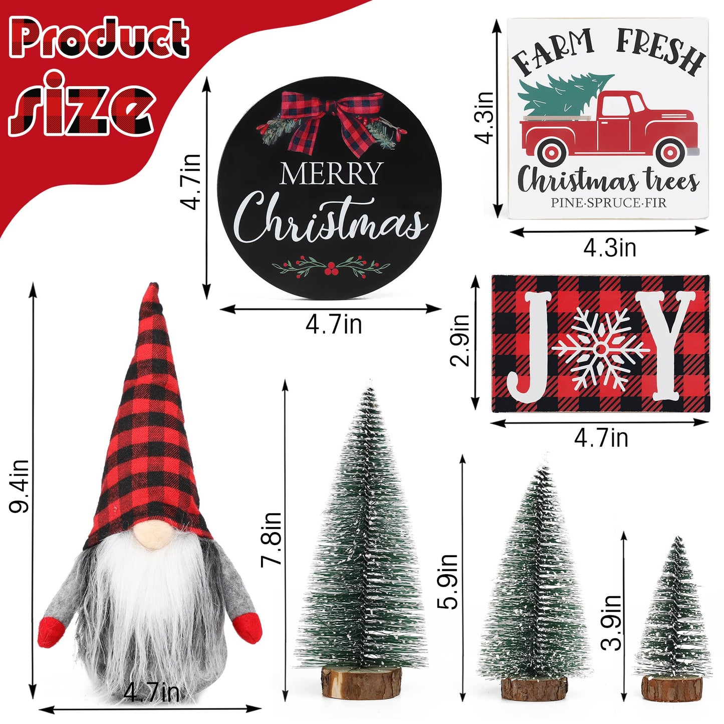 Christmas Tiered Tray Décor Set of 7, Merry Christmas Farm Fresh Truck, Joy Wood Sign Buffalo Plaid Gnome Plush and Trees, Farmhouse Table Home Party Shelf Fireplace Mantel Decor