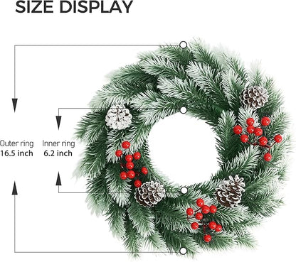 Pinkpum Lighted Christmas Wreath for Front Door Decor 16.5" Green Winter Wreath with LED String Lights for Home Wall Window Porch Farmhouse Indoor Outdoor Decorations Berries Pine Cones Bow 1 Pack