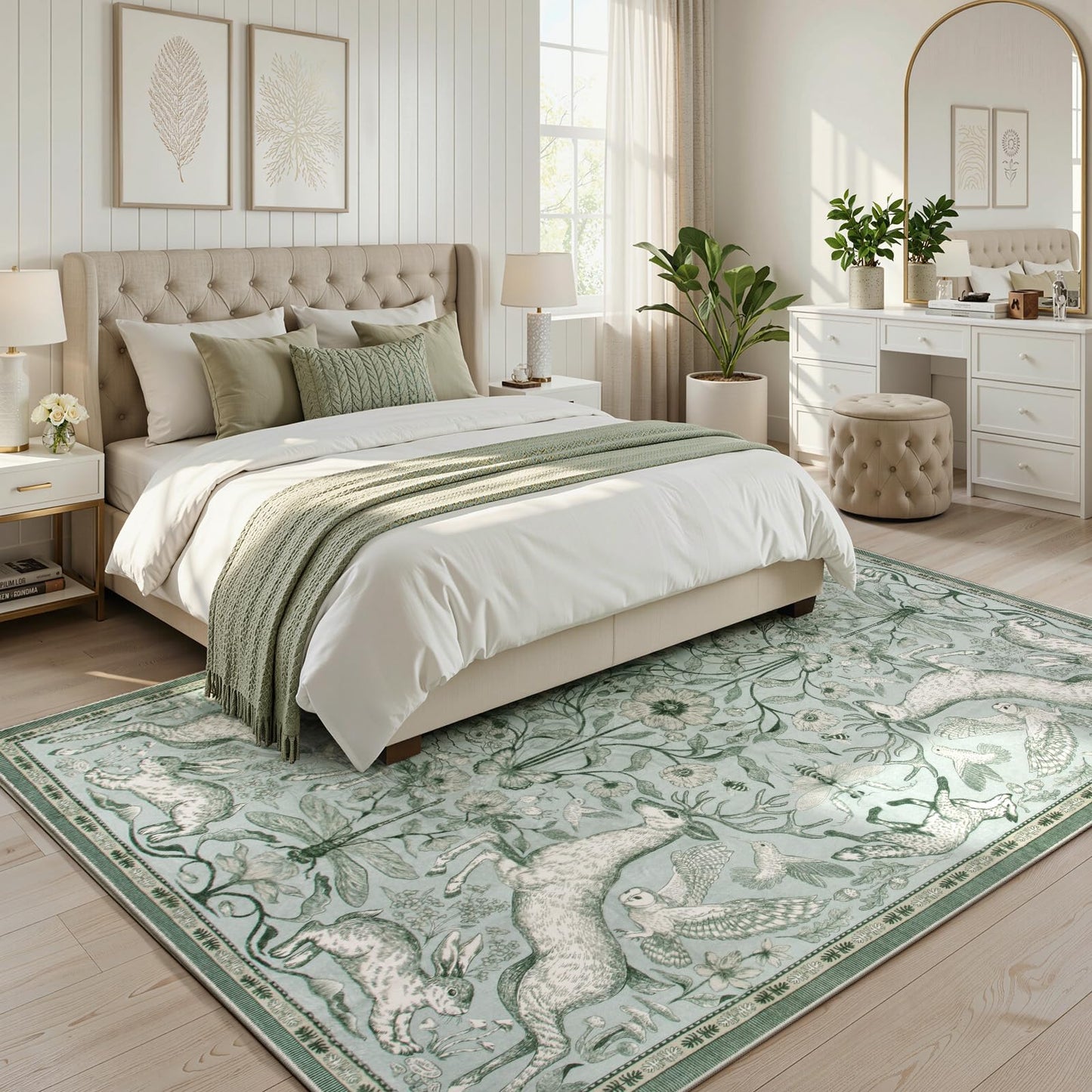 Lahome 5x7 Washable Deer Rug, Dorval Boho Woodland Botanical Area Rug, Non Slip Low Pile Soft Light Green Carpet for Living Room Bedroom Nursery Dining Room Home Office Decor