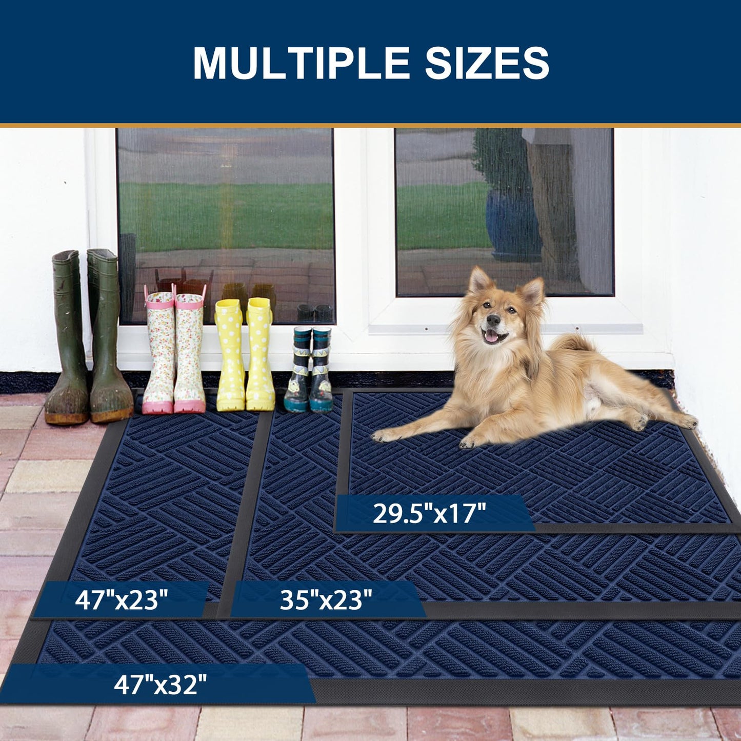 Smiry Front Door Mat Outside Entrance, Heavy Duty Outdoor Indoor Natural Rubber Doormat, Non Slip, Trap Dirt and Moisture, Easy Clean, Low Profile Patio Porch Entryway Mat, 29.5x17, Navy Blue