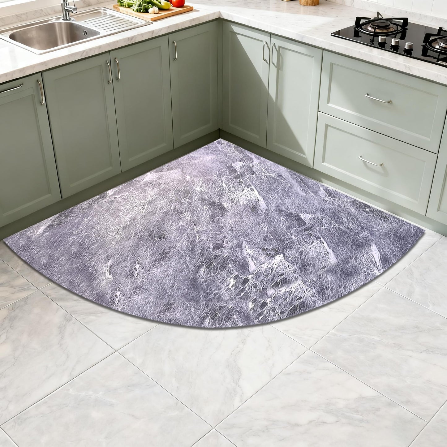 AHKFUL Corner Rug, L Shaped Kitchen Mat, Non Slip Corner Kitchen Rugs Washable, 4mm Thickness Rubber Kitchen Mats for Floor, Water Absorbent, Easy to Clean, GREY-35.5X35.5INCH(Half Circle)