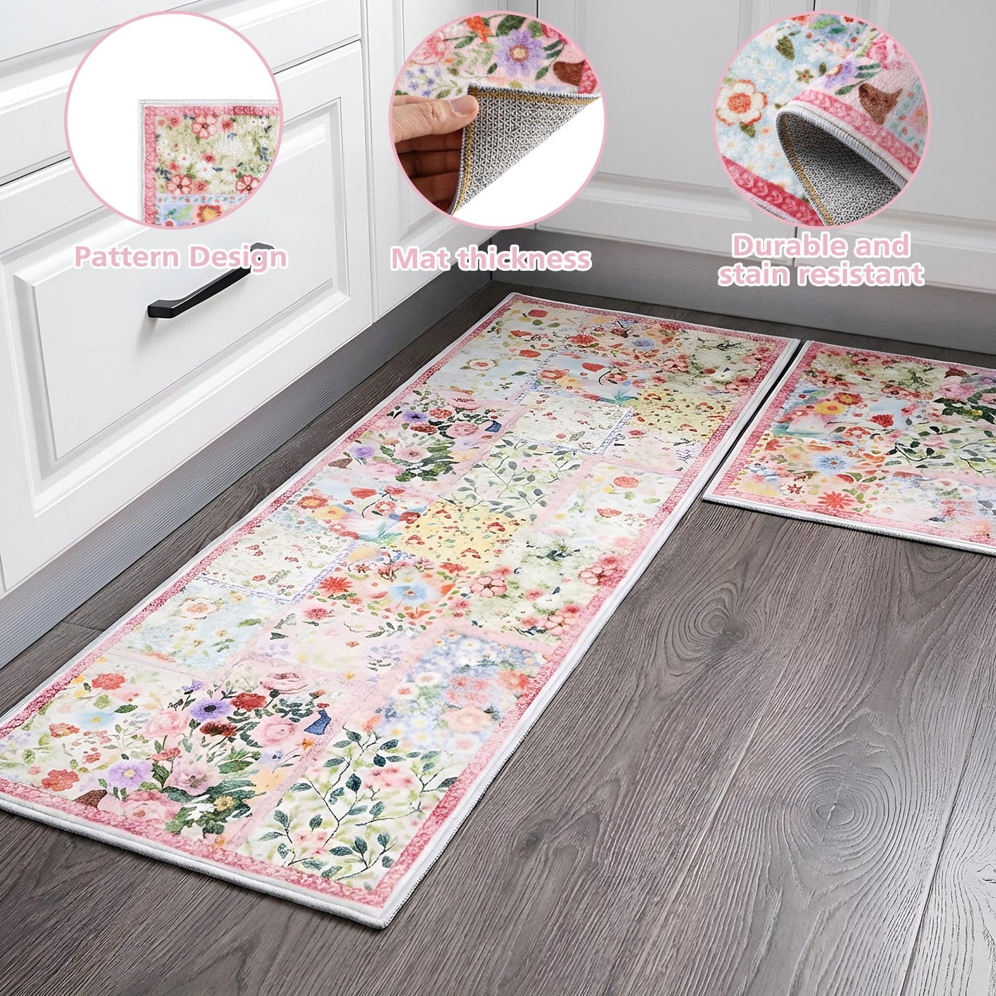 Klyyo Clyro Pink Floral Kitchen Rugs Set of 2 Cute Farmhouse Floor Mats Soft Non Slip Cushioned Washable Kitchen Rugs for Home Entrance Laundry Office Sink Spring Summer Decor, 17 x30 +17 x47