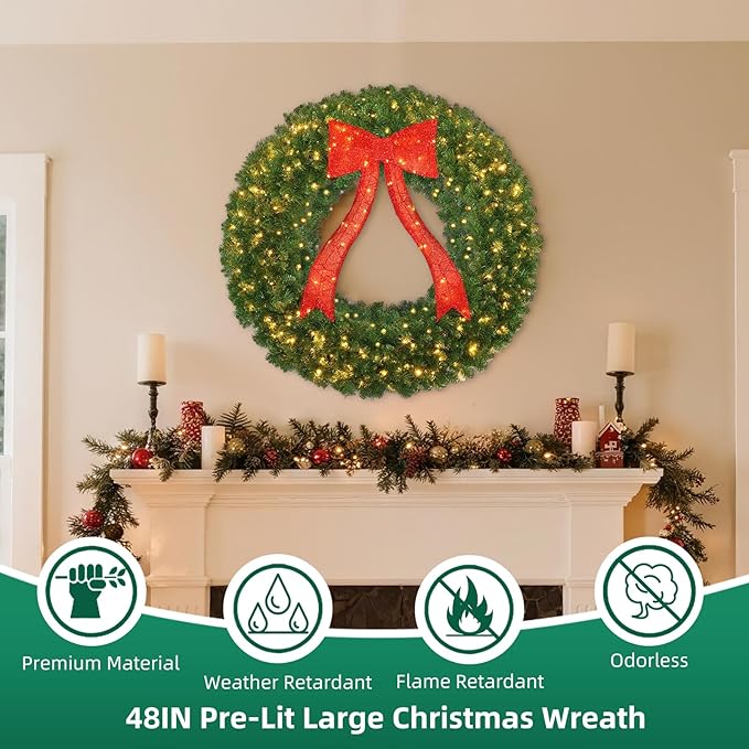 48in Prelit Christmas Wreath - Large Outdoor Christmas Wreath with Lighted Red Christmas Bow, Metal Hook, 714 Branch Tips & 250 Multicolor LED Lights for Front Door Window Holidy Decor