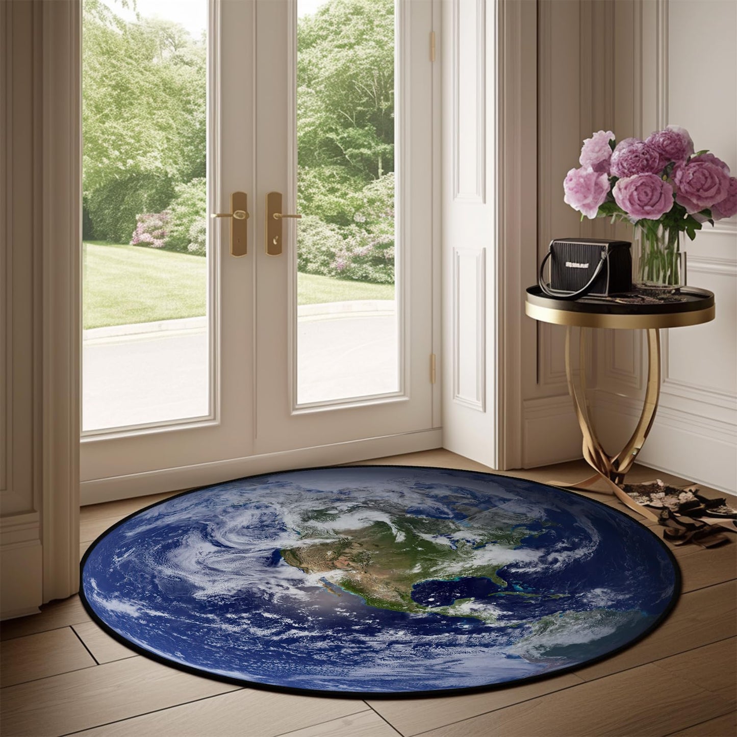 keepcute Earth Round Rug World Circle Rug -View The Americas on Earth from Space Rug Non Slip Carpet Yoga Mat for Entryway Living Room Bedroom Home Decor 3 ft