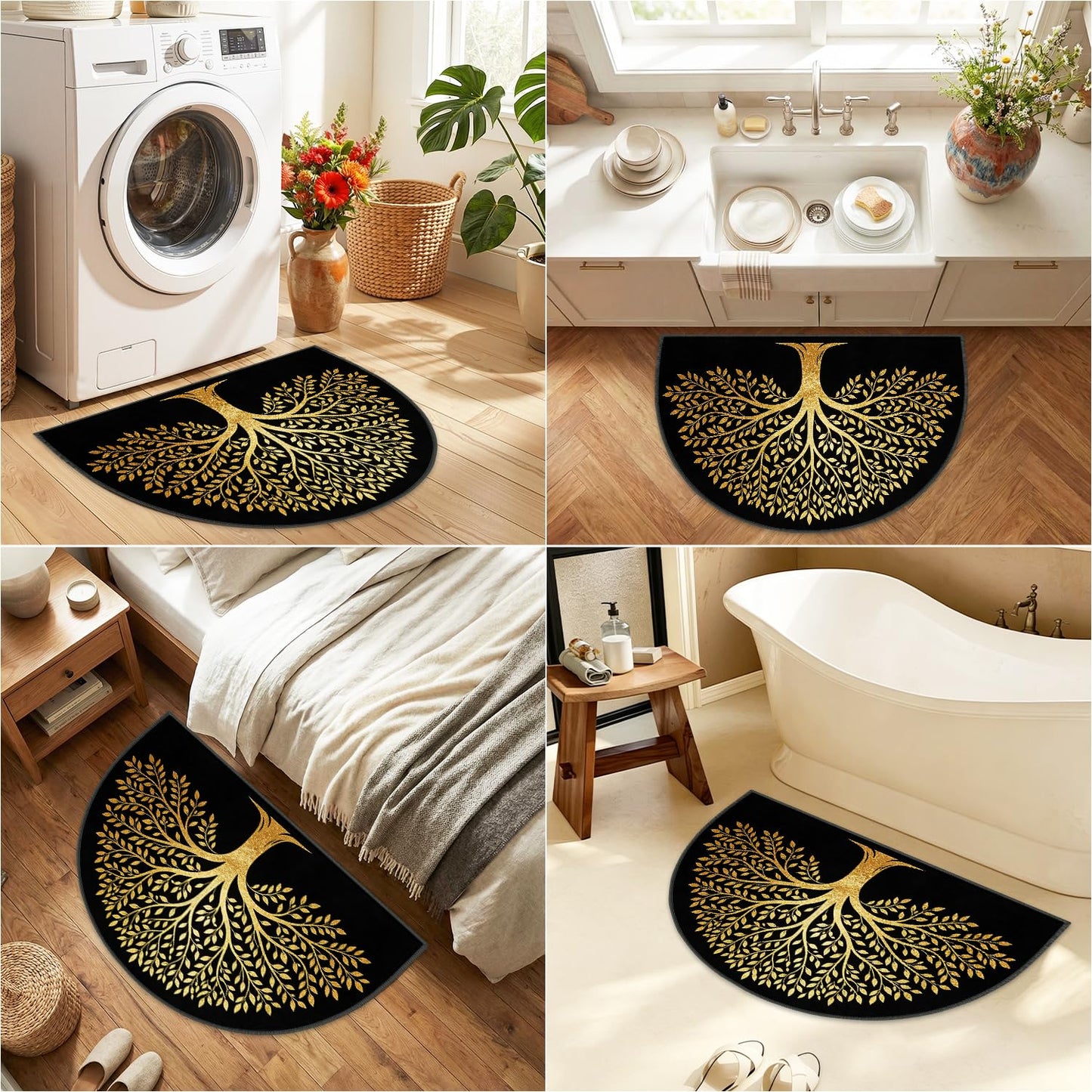 LEIWEIHOPE Golden Tree of Life Half Round Door Mat 24"x35.5" Low-Pile Ares Rug Non-Slip Absorbent Entrance Mat for Indoor Outdoor Front Door Semicircle Floor Mat for Kitchen Bathroom