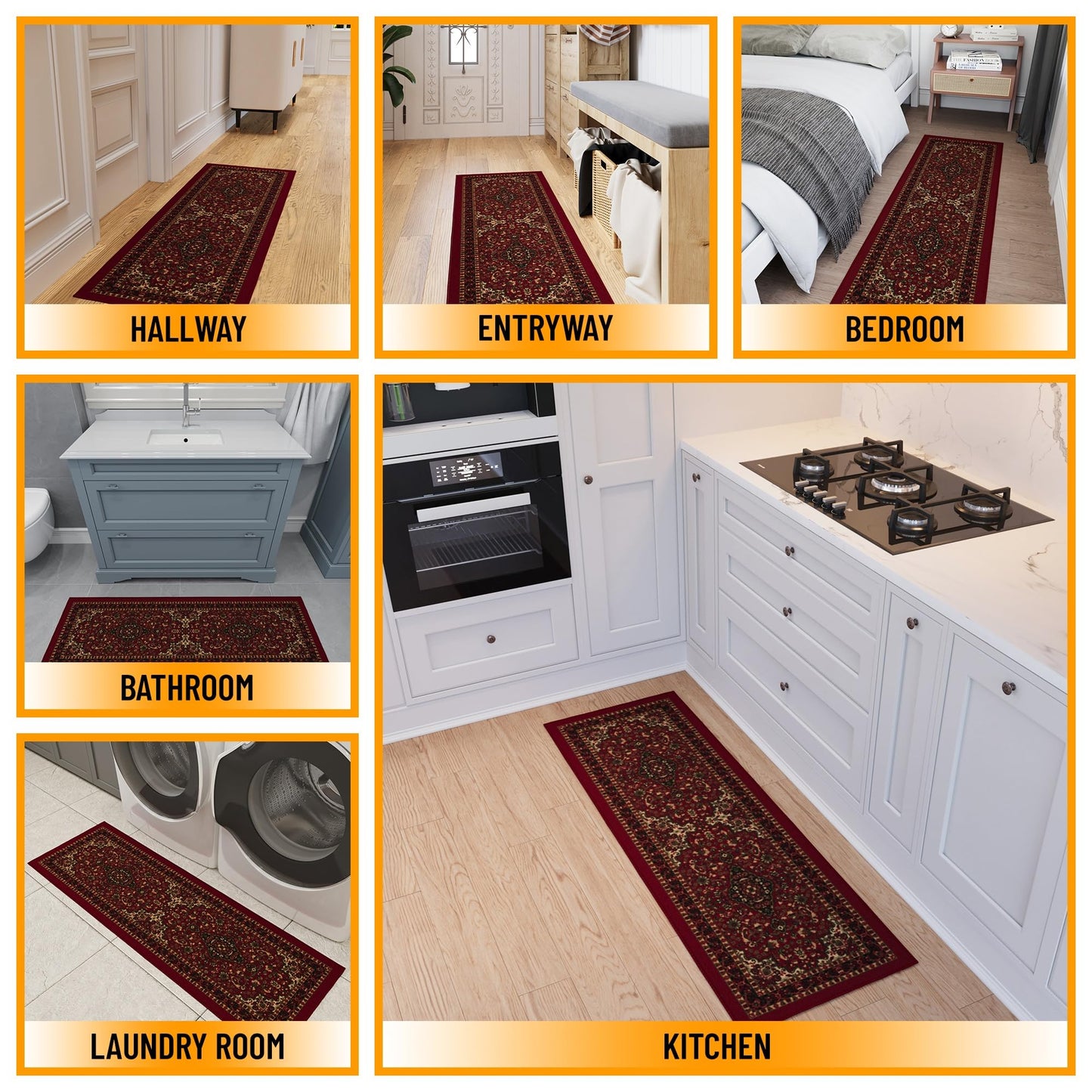 Ottomanson Hallway Runner Rug 20" x 53" Non Slip Oriental Area Rugs Easy to Clean Laundry Rug Runner Durable & Pet Friendly Floor Carpet Runners for Hallways Entryway Living Room Kitchen, Red