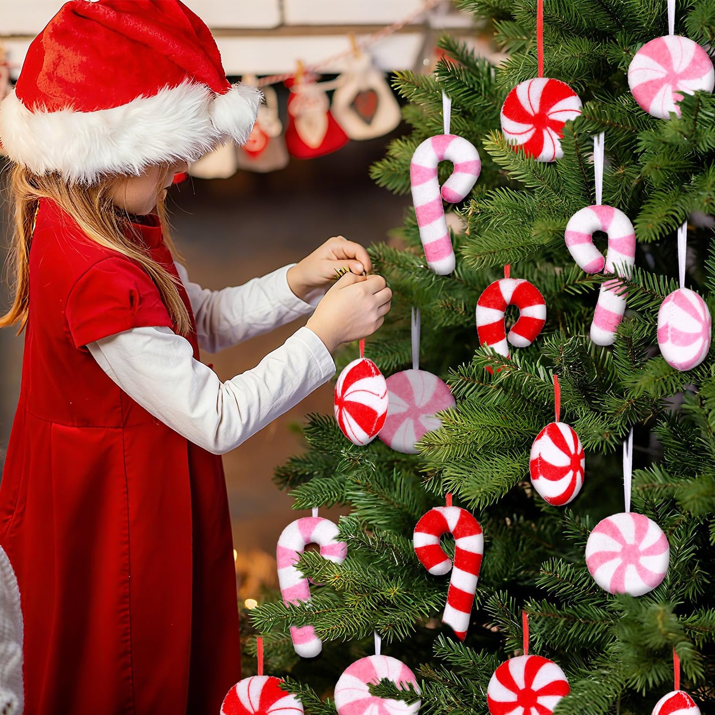 Whaline Christmas Felt Candy Canes Ornament Set Xmas Red Pink White Candy Hanging Decorations with String for DIY Garland Art Crafts Home Party Decor Supplies, 24 Pcs