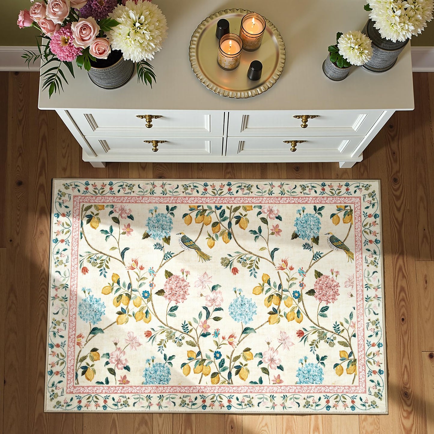 jinchan Area Rug 2x3, Floral Washable Indoor Entryway Doormat Chinoiserie Throw Non Slip, Low Pile Small Botanical Soft Rugs Retro Carpet for Bedroom Bathroom Decor Beige/Pink