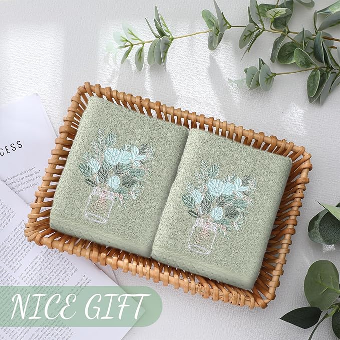 2 Pcs Eucalyptus Hand Towels Gray Green Bathroom Decor 14x29 Inch Embroidered