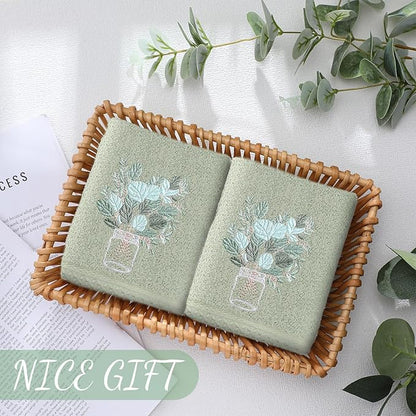 2 Pcs Eucalyptus Hand Towels Gray Green Bathroom Decor 14x29 Inch Embroidered