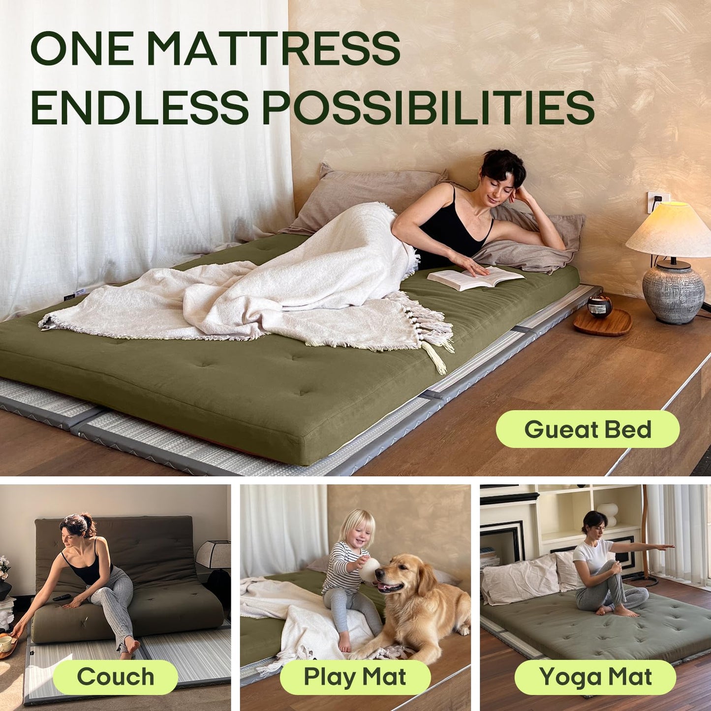 ZonLi Japanese Floor Futon Mattress Queen Size 80"x 60", 100% Cotton Cover 4'' Thicken Tatami Mattress, Foldable Sleeping Pad, Portable Dormitory Tatami Mat, Roll Up Floor Lounger Bed for Adult
