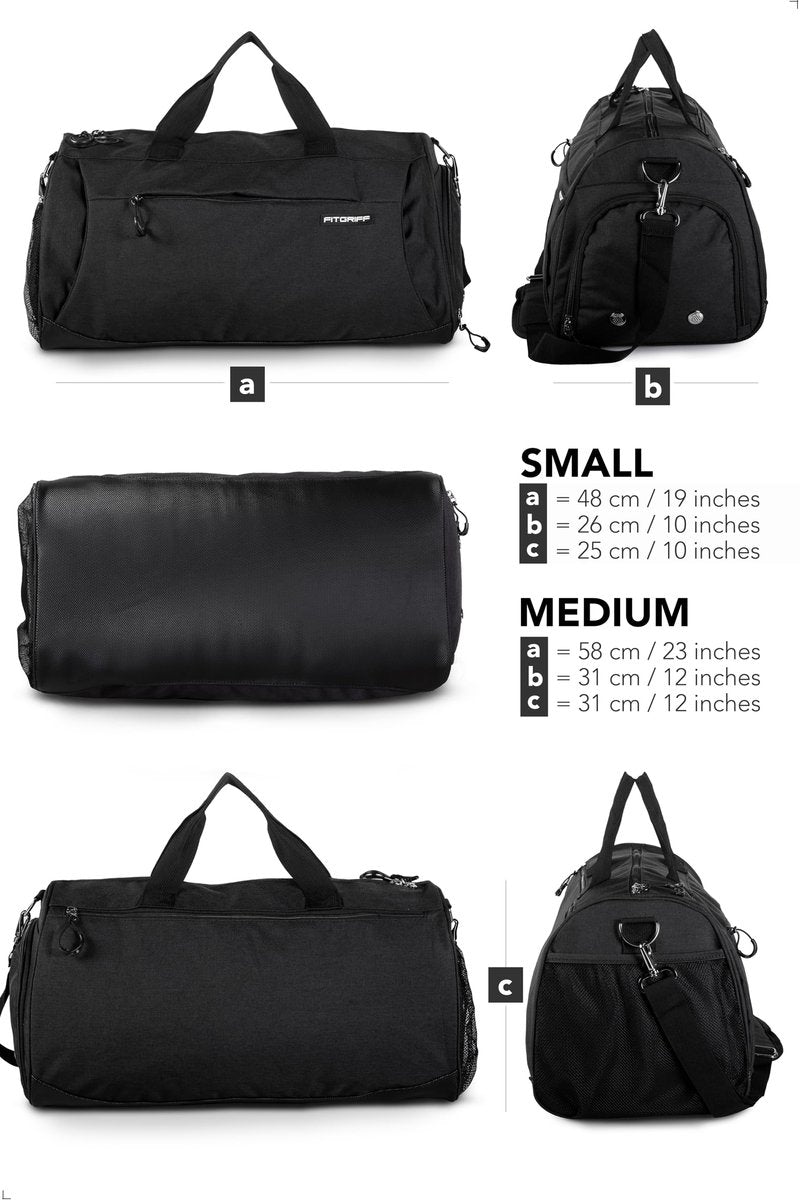 Fitgriff® Gym Bag for Men & Women with Shoe & Wet Compartment - Duffle Bag for Travel, Sports, Fitness & Workout (Full Black, 19 x 10 x 10″ (Small))