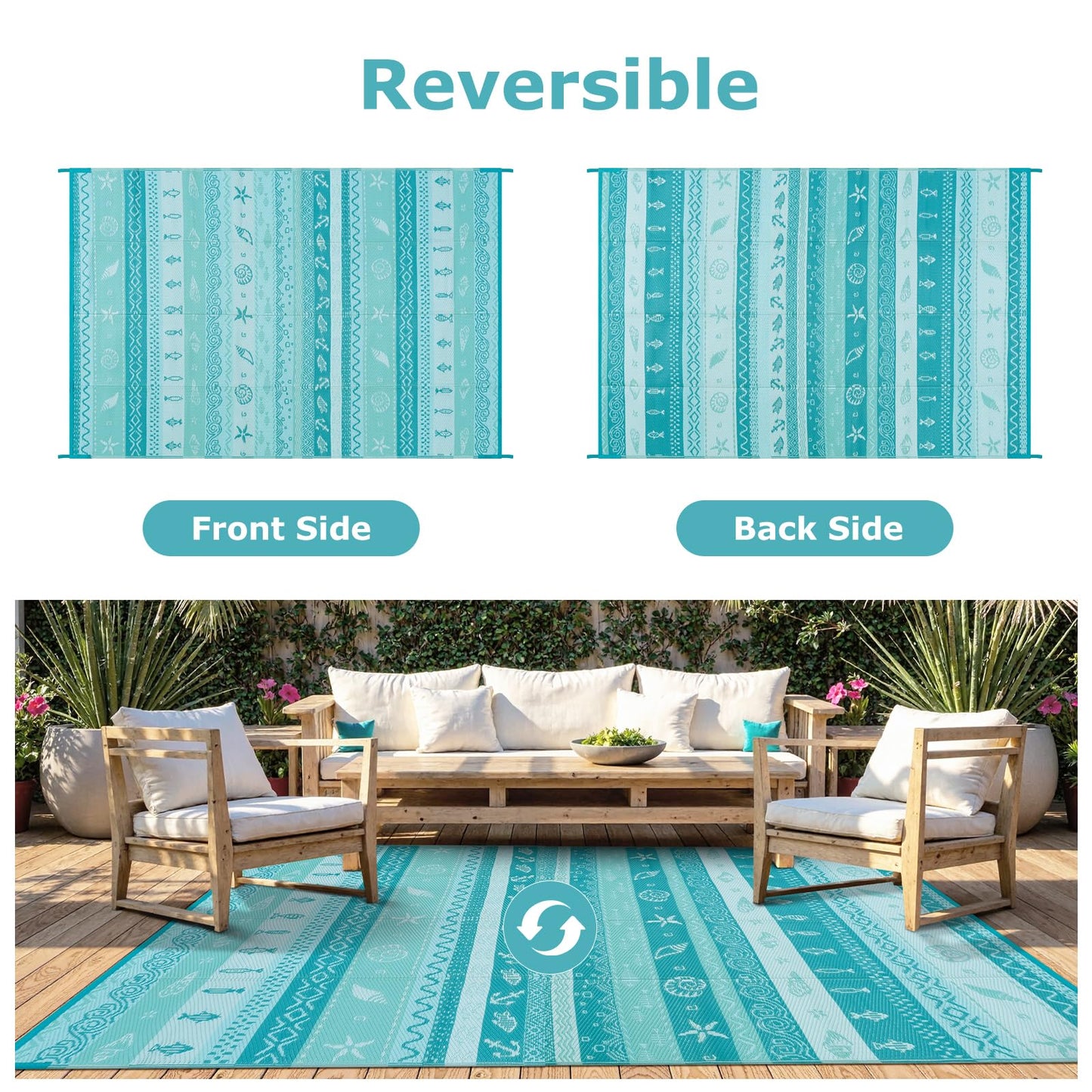 Uphome Coastal Outdoor Rug Waterproof 8x10, Large Reversible Ocean Beach Theme Striped Patio Plastic Straw Rugs, Tribal RV Camping Outside Carpet Mat for Pool Back Yard Deck, 8 x 10 ft
