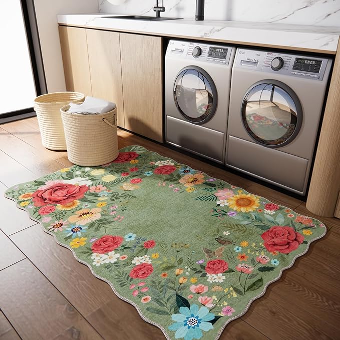 Washable Entryway Small Area Rugs: Door Mat Indoor Entrance 3x5 Floral Rug Ultra Thin Stain Resistant Non Slip Low Pile Lightweight Carpet for Kitchen, Front Door, Kids Room Decor (Green)