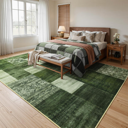 DweIke Washable Area Rugs 4x6 for Living Room, Modern Geometric Green Soft Patchwork Carpet, Non-Slip Stain Resistant Throw Rug for Bedroom Dining Room Office Home Decor