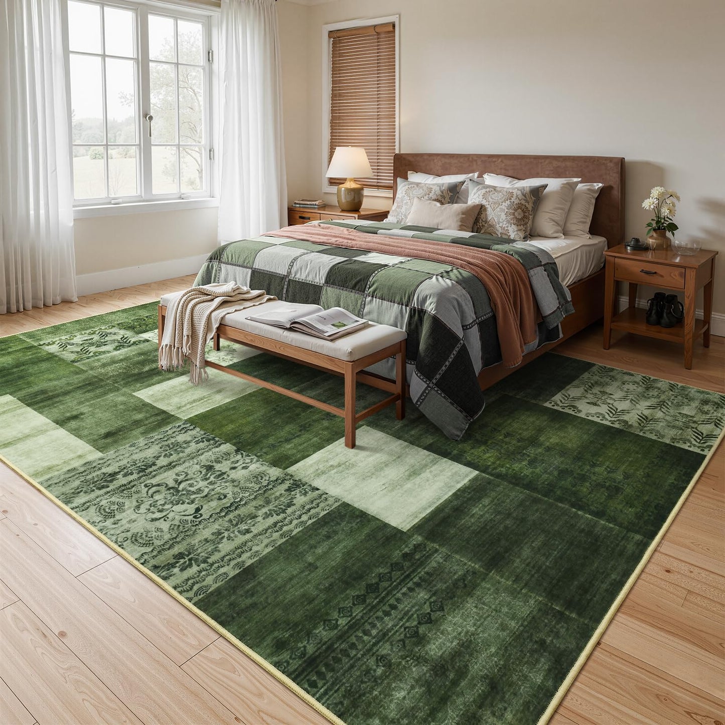 DweIke Washable Area Rugs 5x7 for Living Room, Modern Geometric Green Soft Patchwork Carpet, Non-Slip Stain Resistant Throw Rug for Bedroom Dining Room Office Home Decor