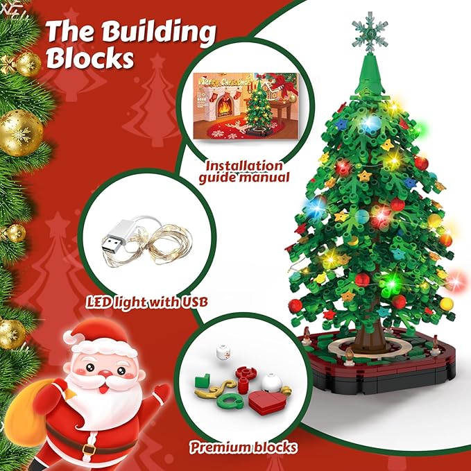 Christmas Tree Building Blocks SetDIY Christmas Tree Toy Bricks with LED Light Creative Educational STEM Gift for Boys and Girls Creative Home Decor Building Toys Gifts for Kids Adults Teens