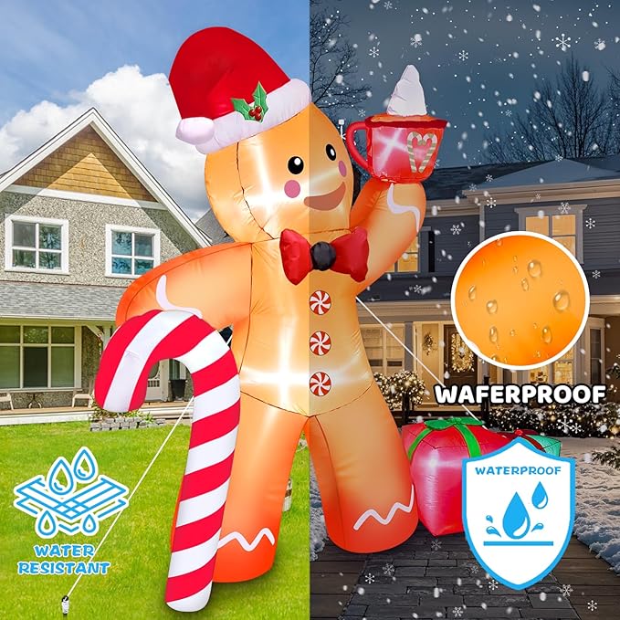 8 FT Christmas Gingerbread Inflatable Outdoor Decoration With LED Lights, Cute Gingerbread Man With Gift & Hot Cocoa Blow Up Yard Decor for Garden