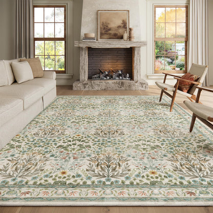 Washable Area Rug 8x10 - Vintage Floral Living Room Rug for Dining Room (Under Table), Bedroom - Stain Resistant, Soft Low Pile, Non-Slip Large Carpet