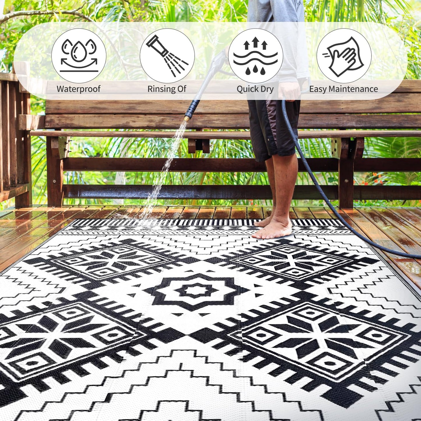 Waterproof Outdoor Rug 5x8ft, Boho Reversible Plastic Straw Mat for Patio RV Deck Porch Backyard Balcony Camping Picnic Beach Indoor Outdoor Carpet, Black&White