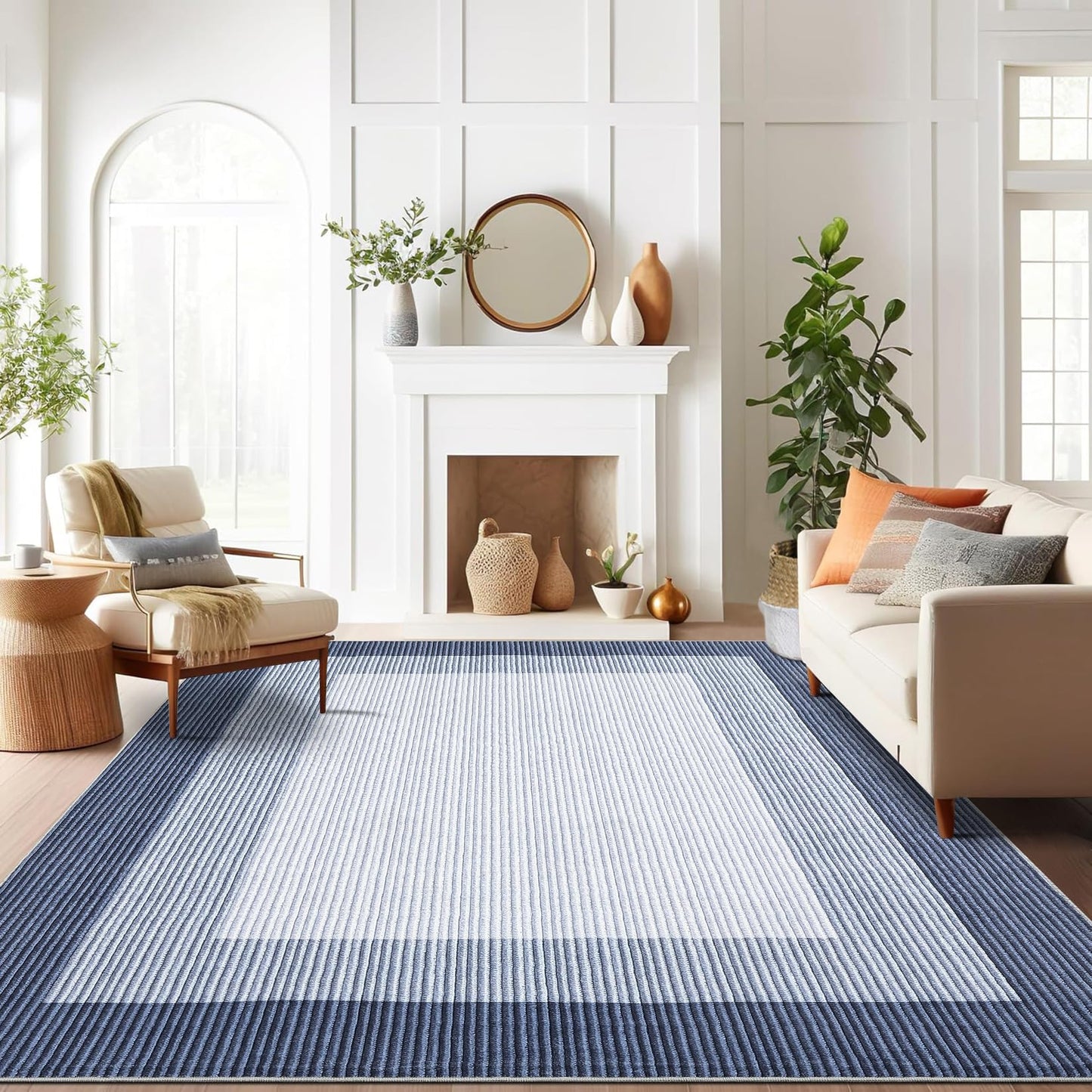 GarveeHome Washable Rug 8x10 Living Room Rugs, Modern Neutral Bordered Rug for Dining Room Solid Non Slip Low Pile Pet Friendly Large Carpet for Farmhouse Apartment Bedroom Dorm Blue