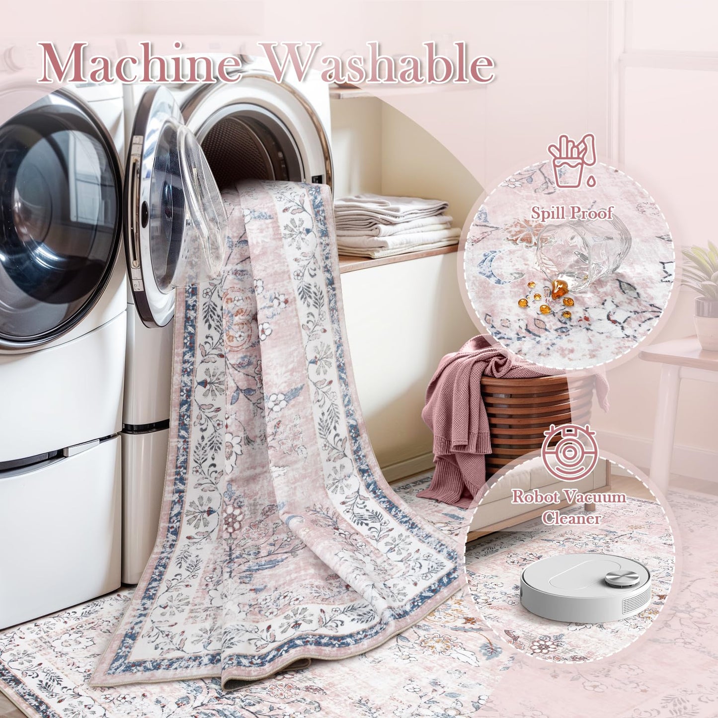 LIVEBOX Machine Washable 5x7 Rug, Pink Rugs for Bedroom Girls, Soft Boho Floral Nursery Rug, Non-Slip Indoor Ultra-Thin Floor Carpet Area Rug for Kid Room Living Room Dorm, Blush/Pink