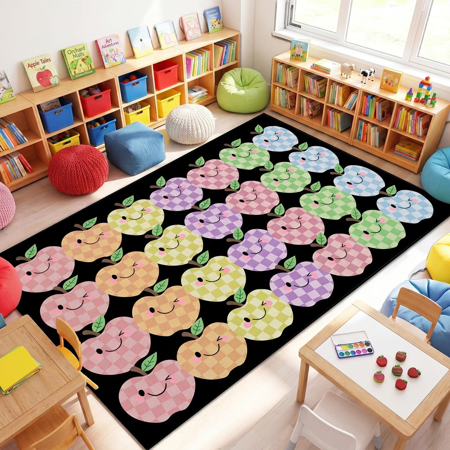 BreezeHug 5 x 7.55ft Smile Apple Classroom Rug Pastel Checkered Apple Area Rug Non Slip Kids Floor Carpet Large Play Mat for Elementary Kindergarten Preschool Daycare Nursery Reading Corner