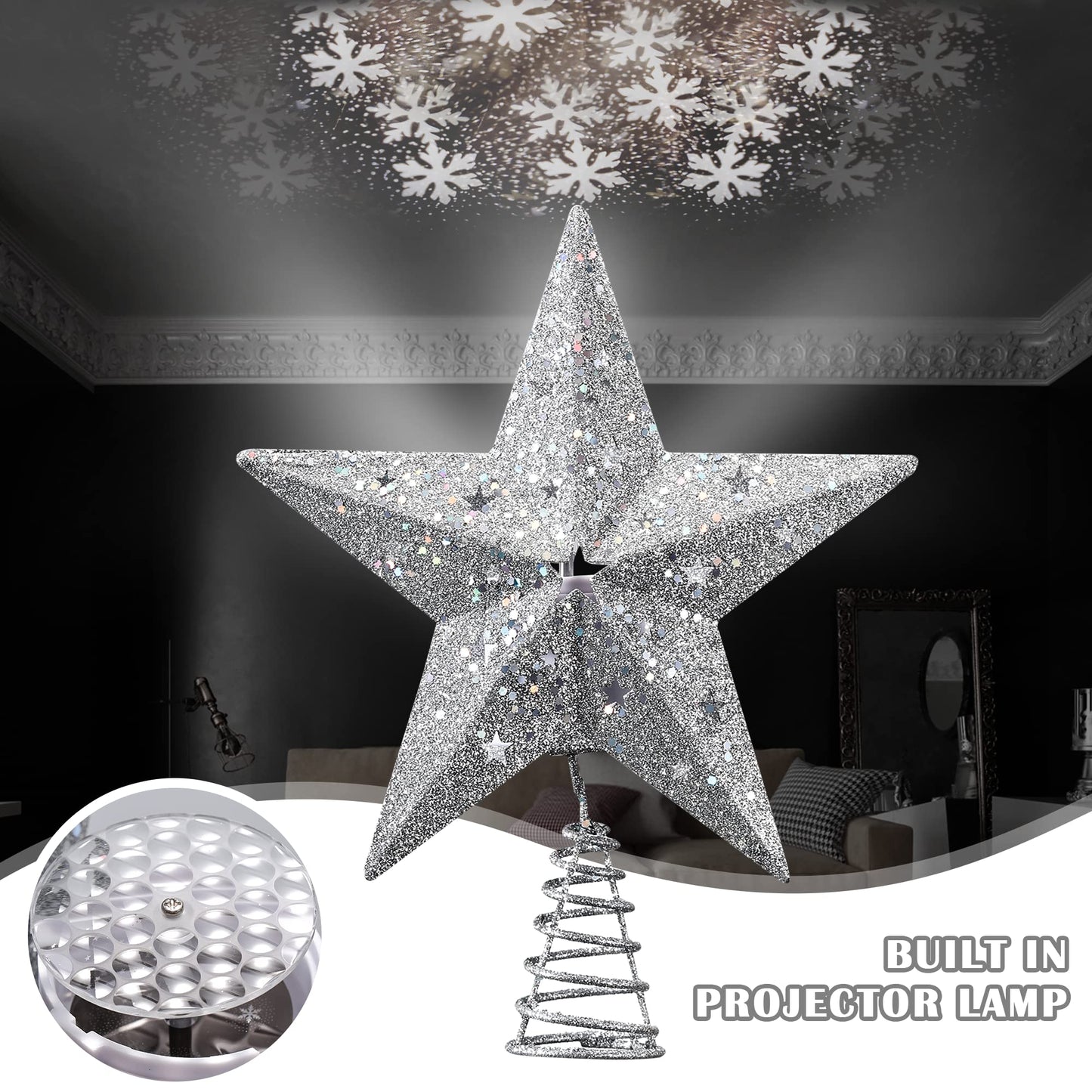 IPOW LED Snowflake Projector Star Christmas Tree Topper, 11.3 Inch Silver Glittered Star Treetop Lighted Rotating Snow Flake for Christmas New Year Holiday Decoration, Night Light Projector for Kids
