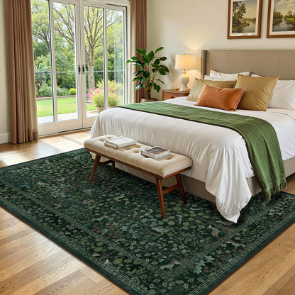 Jainmy Woodland Floral Animal 5x7 Washable Rugs for Living Room, Whimsical Tree of Life Natural Area Rug for Bedroom Nursery, Low Pile Thin Carpet Rugs for Dining Room Home Office Non Slip, Dark Green