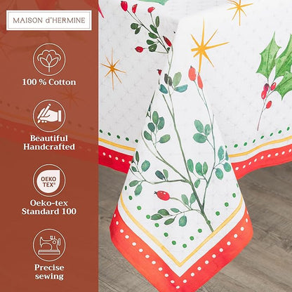 Maison d' Hermine Table Cloth Square Table 100% Cotton 60 x 60 Inches Fall Tablecloth Reusable Everyday Use for Thanksgiving Christmas Decorations Dining Farmhouse Party (Poinsettia Christmas)