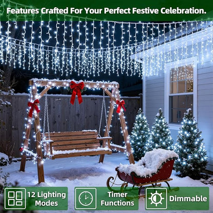 670 LED Christmas Lights with 148 Drops, 66ft 12 Modes Hanging ice String Lights with Timer & Dimmable & Waterproof, Plug-in Fairy Lights for Tree Holiday Wedding Party Christmas Decor Cool White