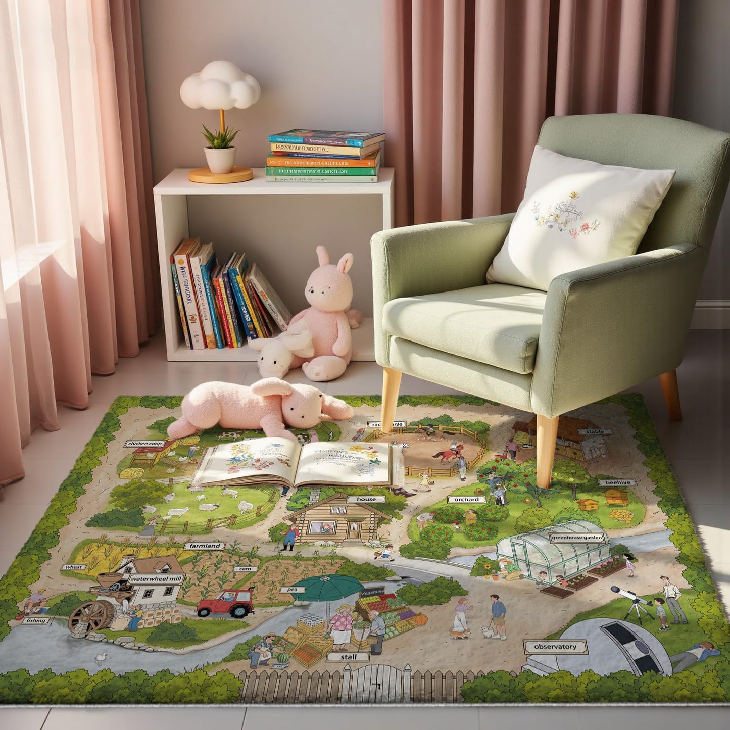 Nayoroom Kids Farm Adventure Play Rug,5x7ft Non-Slip Faux Wool Carpet with Interactive English Words, Educational Travel Map Design for Playroom, Bedroom, Nursery Gift