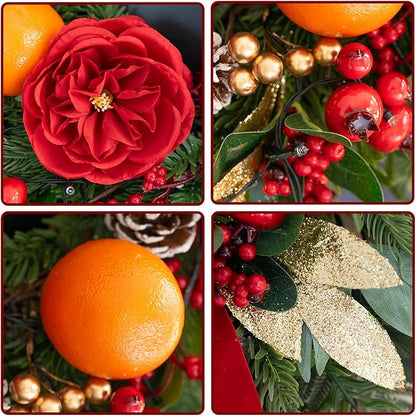 Pre-lit Christmas Wreaths for Front Door- 24 Inch Outdoor Christmas Wreath with Lights,Green Lighted Xmas Door Wreath with Pinecones,Red Flowers and Orange Berries for Holiday Decor