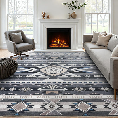 Western Rug for Living Room, 6x9 Non Slip Low Pile Aztec Rug for Bedroom, Dining Room Rugs for Under Table, Office, Large Machine Washable Area Rugs, Grey
