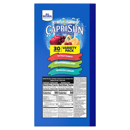 Capri Sun Flavored with Other Natural Flavor Juice Drink Blend, 30 Pouches, for School Lunches and On-the-Go Hydration, Fruit Punch, Strawberry Kiwi & Pacific Cooler, All Natural Ingredients, 6 fl oz