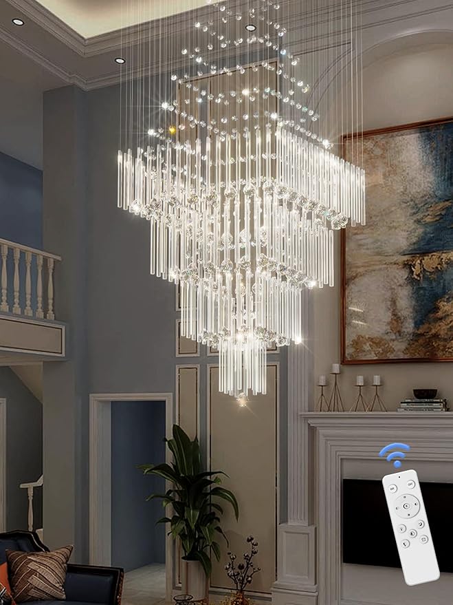 Flashing God D32''X H79'' Foyer Chandelier for High Ceilings,Square Crystal Raindrop Chandeliers,Large Chandelier for Entrance Foyer Villa,4 Tier Chandeliers