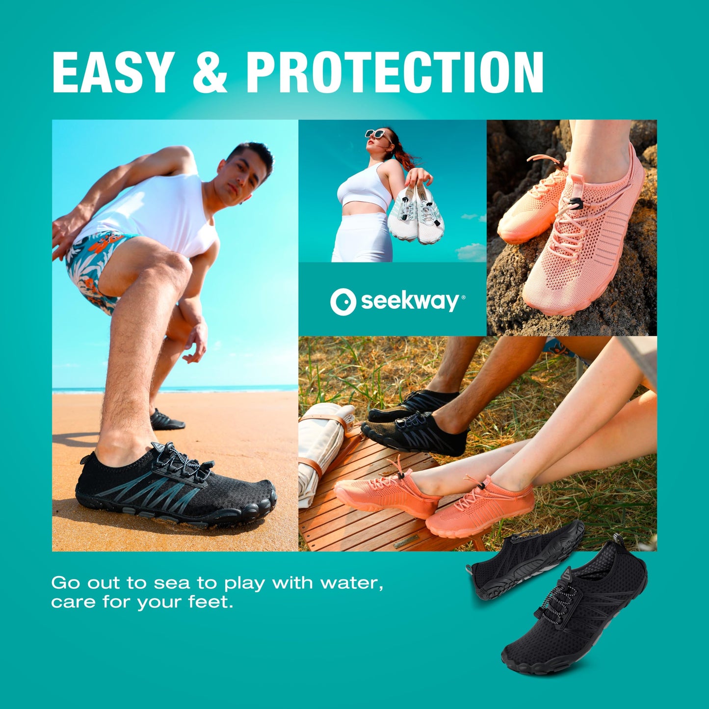 SEEKWAY Water Shoes Sports Quick-Dry Barefoot Aqua Beach Pool Lake Swim Boating Hiking Surfing Men Women 406-Black SP001