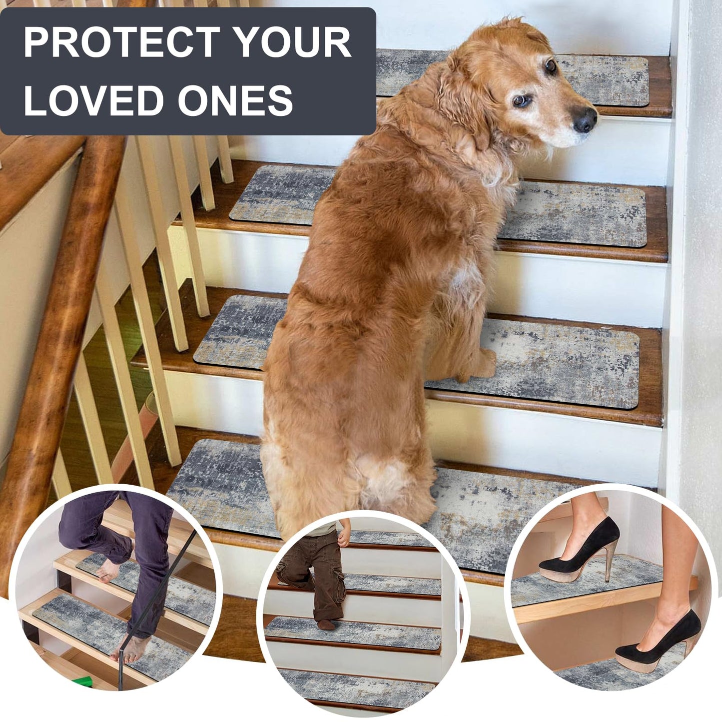 Tiveney Stair Treads Non Slip for Wooden Steps, 15PCS 8"x30" Grey Rubber Backing Stair Runner Mats, Washable Reusable Carpet for Stairs Rugs Indoor Safety Staircase Step Treads for Kids Elders Dogs