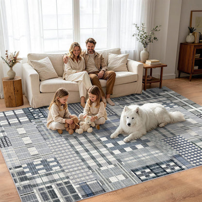 Rezutan Modern Geometric Plaid Indoor Area Rug for Living Room, Blue Gray Distressed 4X 6 Ft Large Rug Hardwood Floors Decor for Bedroom, Throw Carpet for Office Dining Room