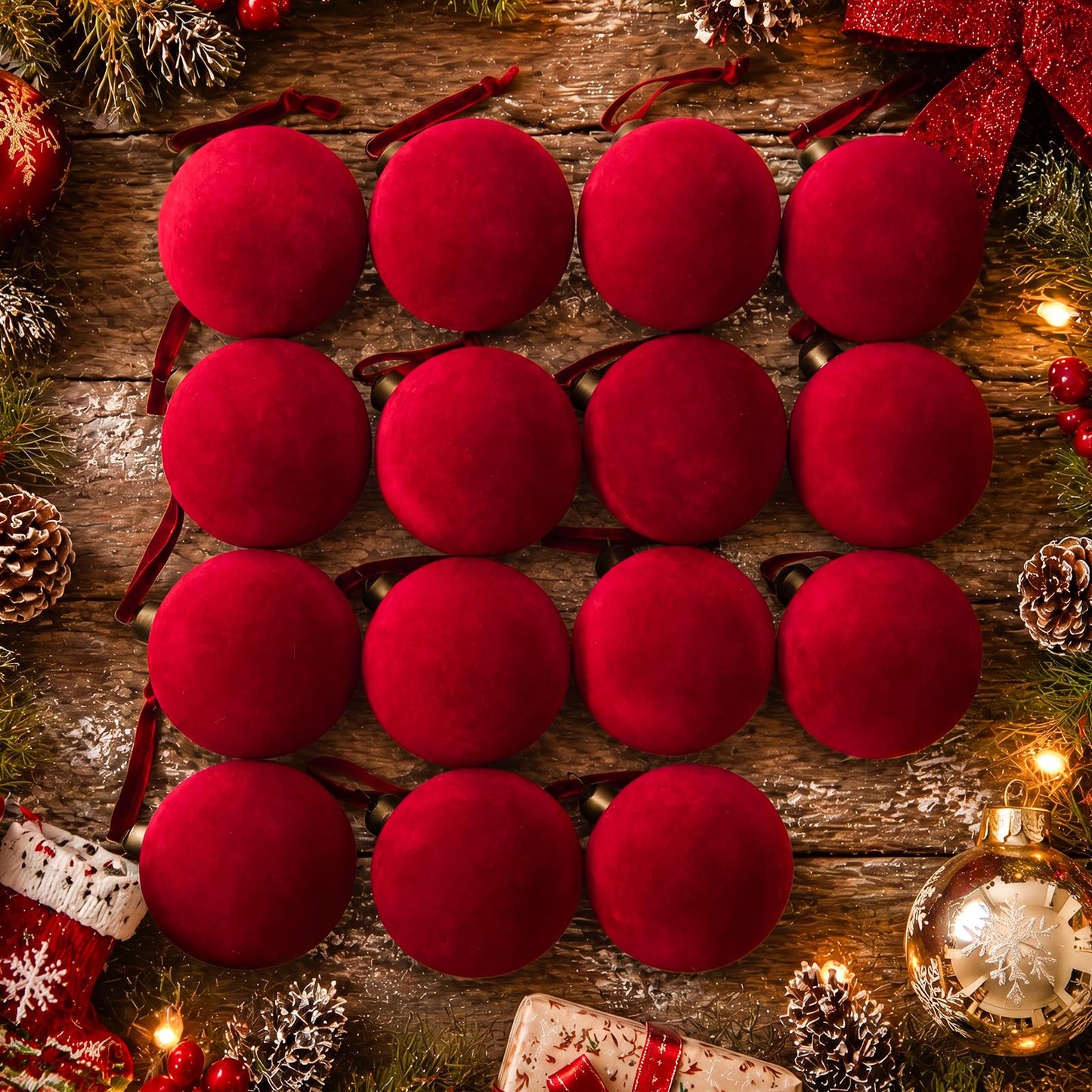 15 Pcs Red Velvet Christmas Decorations Balls, 2.65 Inch Christmas Ornaments for Xmas Tree Decor, Dark Red Flocked Ball for Family Holiday Party Valentines Hanging Decoration