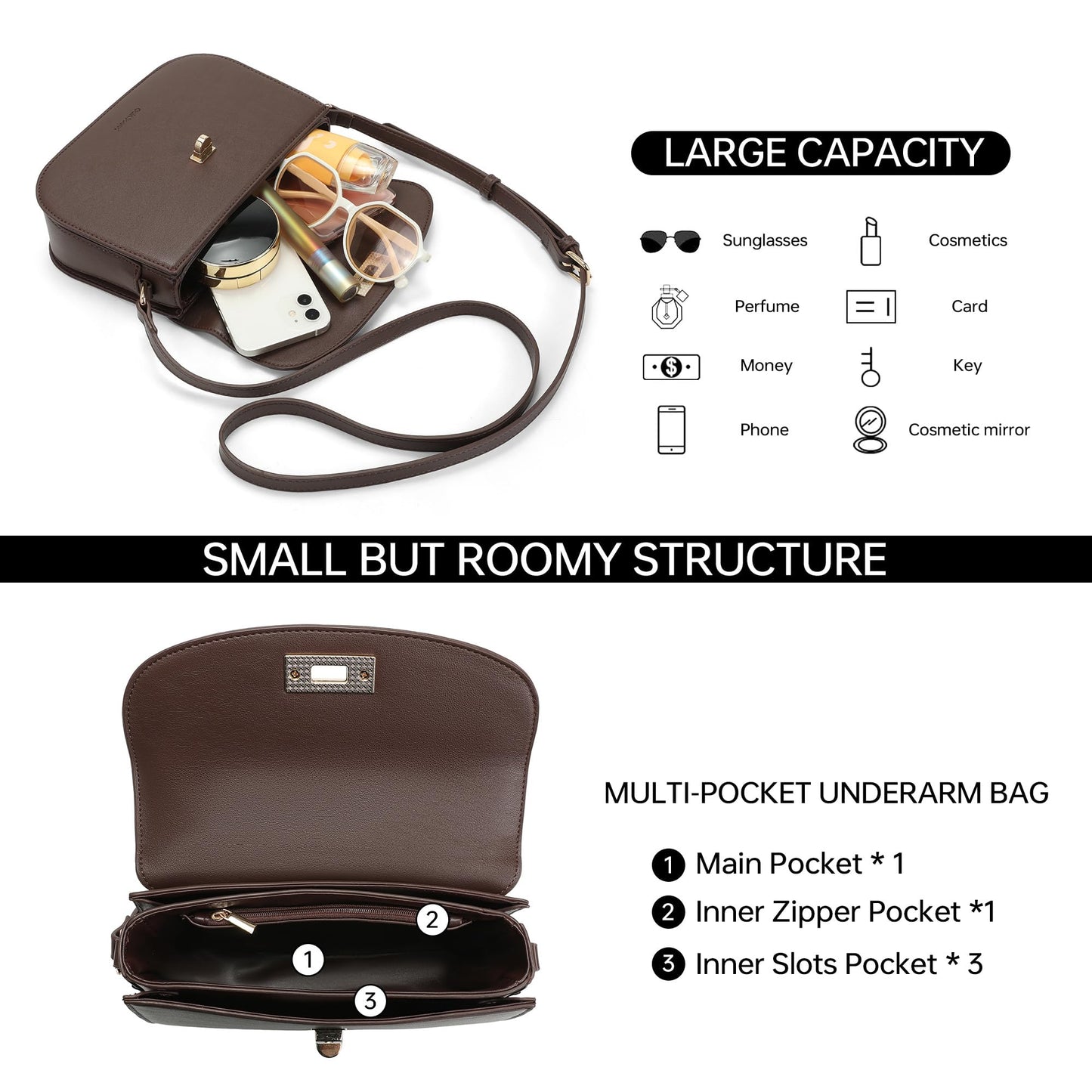 Goinsound Small Shoulder Bag for Women Vegan Leather Crossbody Bag Trendy Clutch Purse With Long Adjustable Strap, Coffee