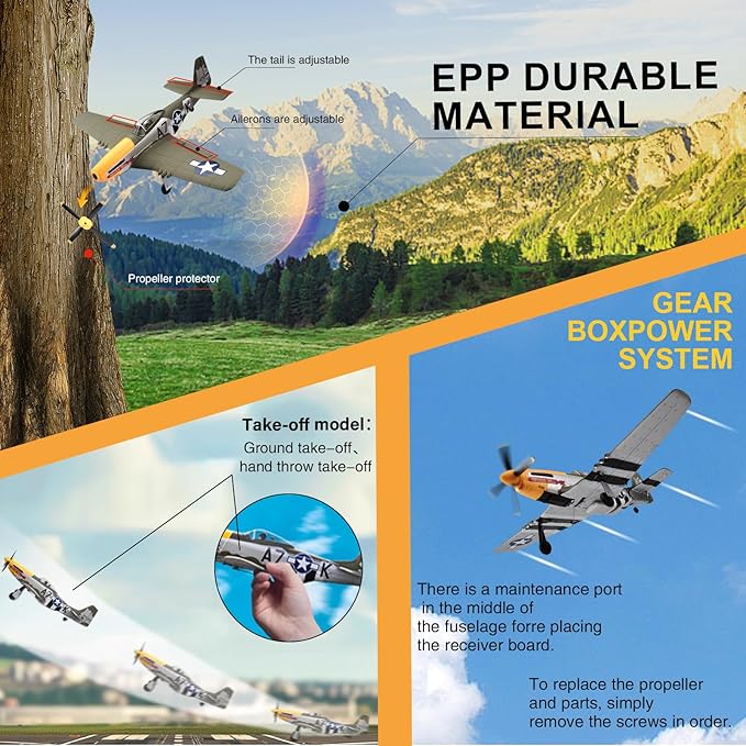 RC Airplane Brushless P51D Mustang RC Plane Ready to Fly Remote Control Airplane Fighter with 6-Axis Gyro 3 Flight Modes &amp Aerobatics 2.4GHz Radio Controlled Aircraft for Beginners Boys &amp Ad