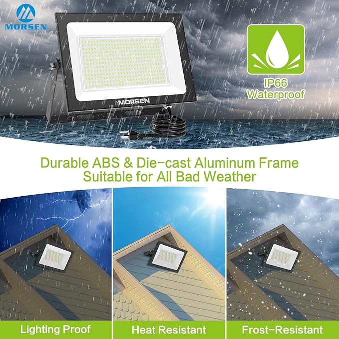 MORSEN LED Flood Light Outdoor 200W 30000 Lumens Work Light with Plug 6500K Outside Portable Exteriores Security Floodlights for Yard Garage Garden Lawn IP66 Waterproof Flood Light 2 Pack