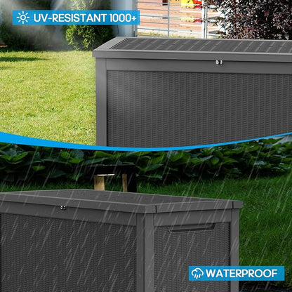 320 Gallon Waterproof Black Deck Box, Lockable Resin Storage Box for Patio Furniture Cushions Garden Tools and Outdoor Delivery Storage