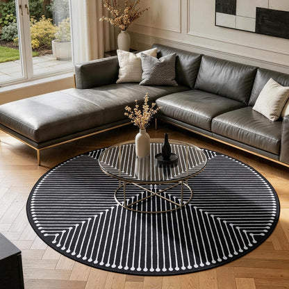 YIHOUSE Modern Washable 6ft Round Rug for Living Room, Black 6x6 Circle Rugs for Bedroom Non Slip Non Skid, Soft Striped Carpet for Dining Room Playroom Home Office Decor