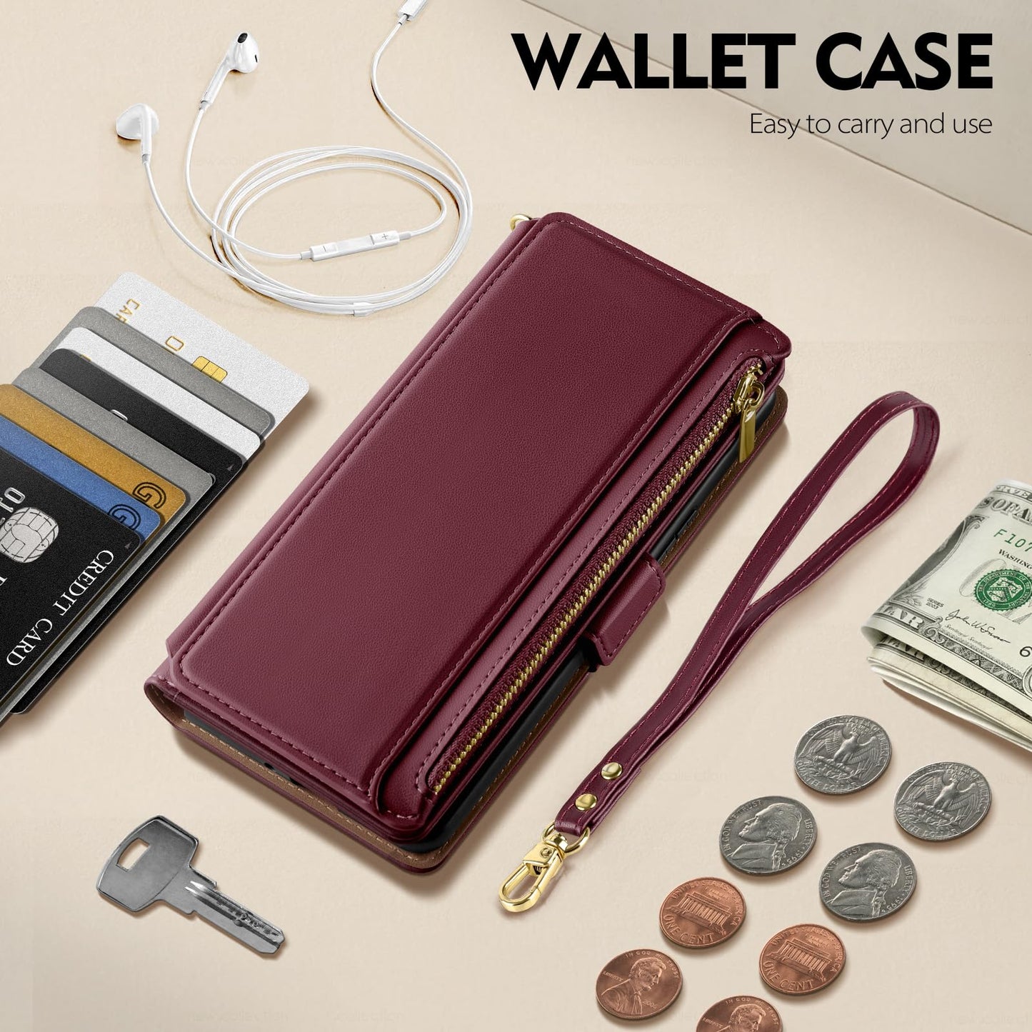 Antsturdy Compatible with Samsung Galaxy A54 5G Wallet Case with Card Holder Phone Case RFID Blocking PU Leather Flip Cover with Strap Zipper Credit Card Slots,for Women Men,Wine Red