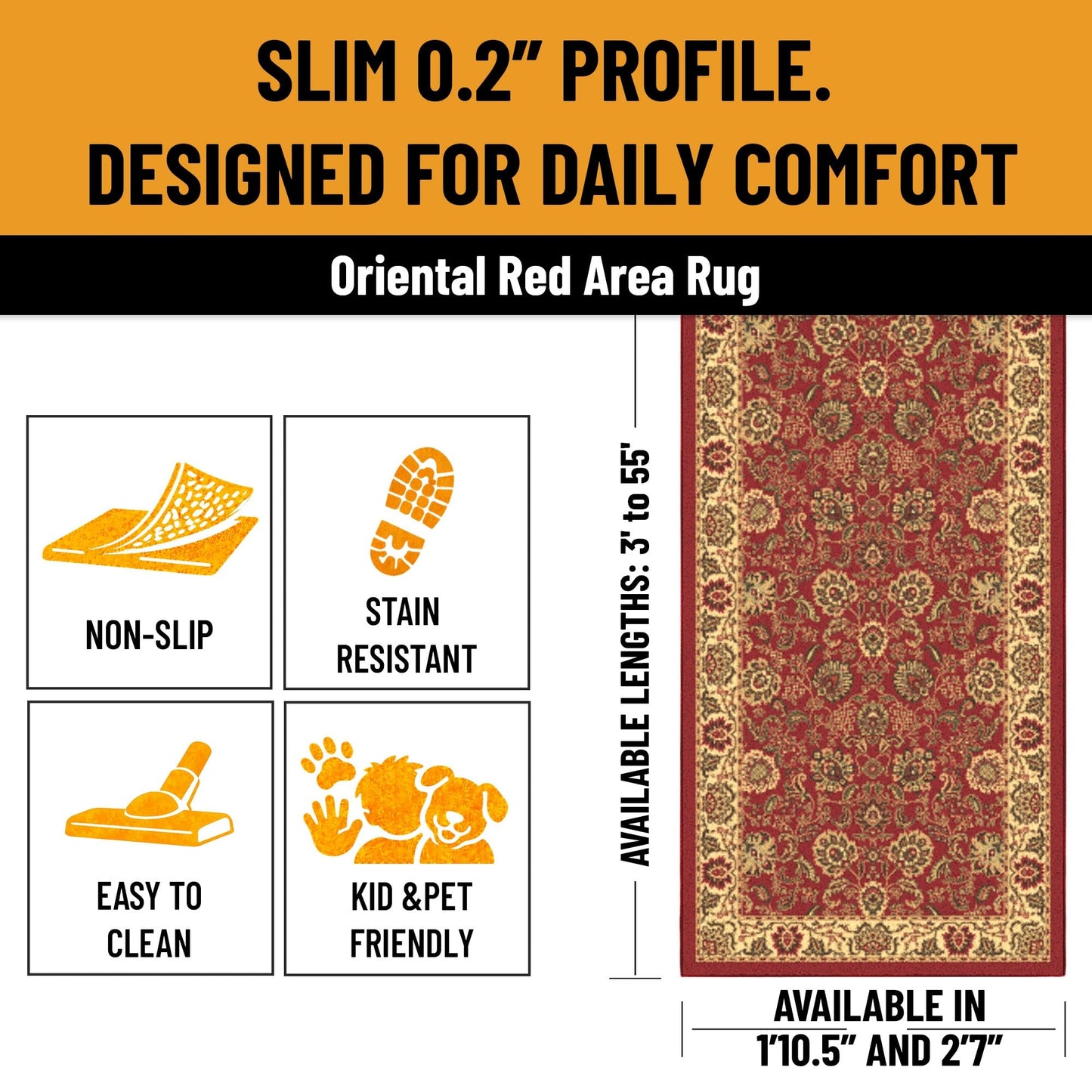 Ottomanson Accent Rug – Non Slip Low Pile Small Rug for Entryway, Bedroom, Bedside & Coffee Table Areas, 2'7" x 4', Red Oriental