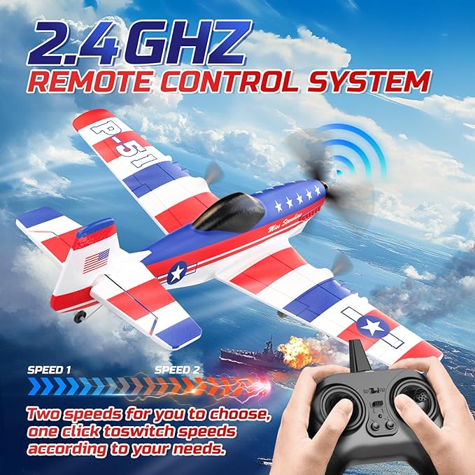 DEERC RC Plane 3 Channel P51D Mustang Remote Control Airplane Fighter Toys2.4GHz 6-axis Gyro Stabilizer RTF Glider Aircraft Plane with 2 BatteriesEasy to Fly for Adults Kids Beginners Boys